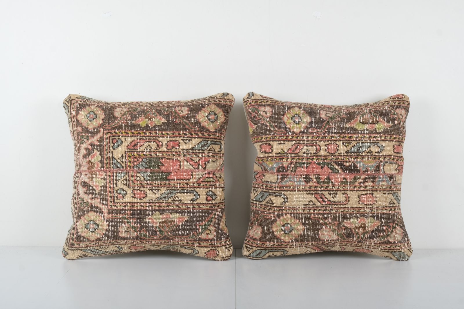 Set Of Two Oushak Carpet Pillow Cover, Pair Anatolian Wool Rug Pillow, Matching Vintage Designer Pillow