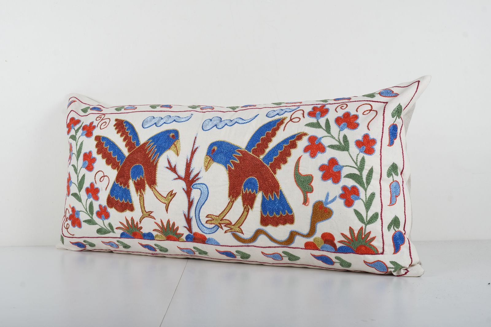 Animal Suzani Pillow Cover, Bird And Snack Tribal Cushion Cover, 1960s Samarkand Uzbek Suzani Textile photo Textiles