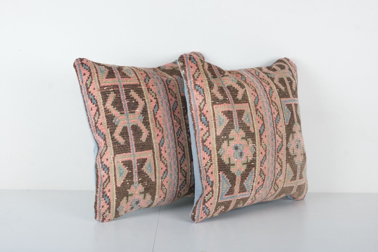 Square Turkish Oushak Rug Pillow Cover, Set Of Two Tan And Brown Wool Boho Woven Carpet Pillow Cover photo furniture