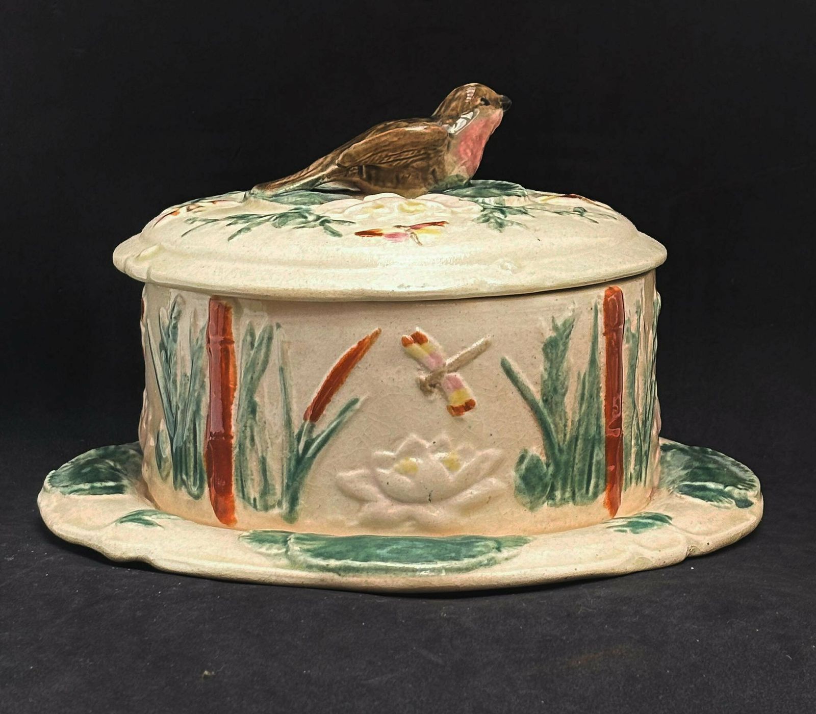 Antique Danish Ceramic Butter Or Cheese Round Dish With Cover Lidded Butter Dish Scandinavian Stoneware Bird Decoration Bamboo And Lotus
