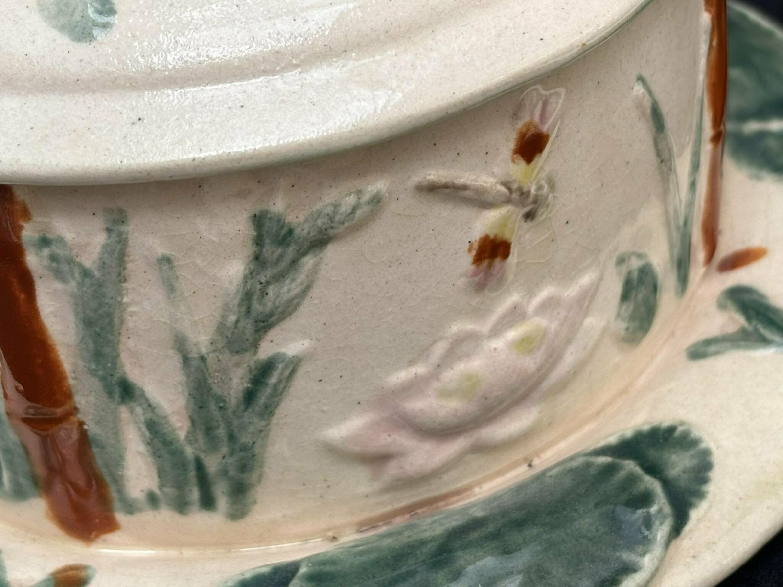 photo for sale Antique Danish Ceramic Butter Or Cheese Round Dish With Cover Lidded Butter Dish Scandinavian Stoneware Bird Decoration Bamboo And Lotus