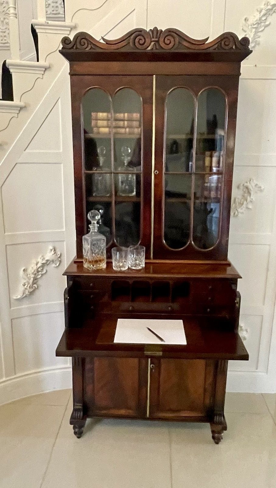 Small Antique Quality Figured Mahogany Secretaire Bookcase photo Furniture