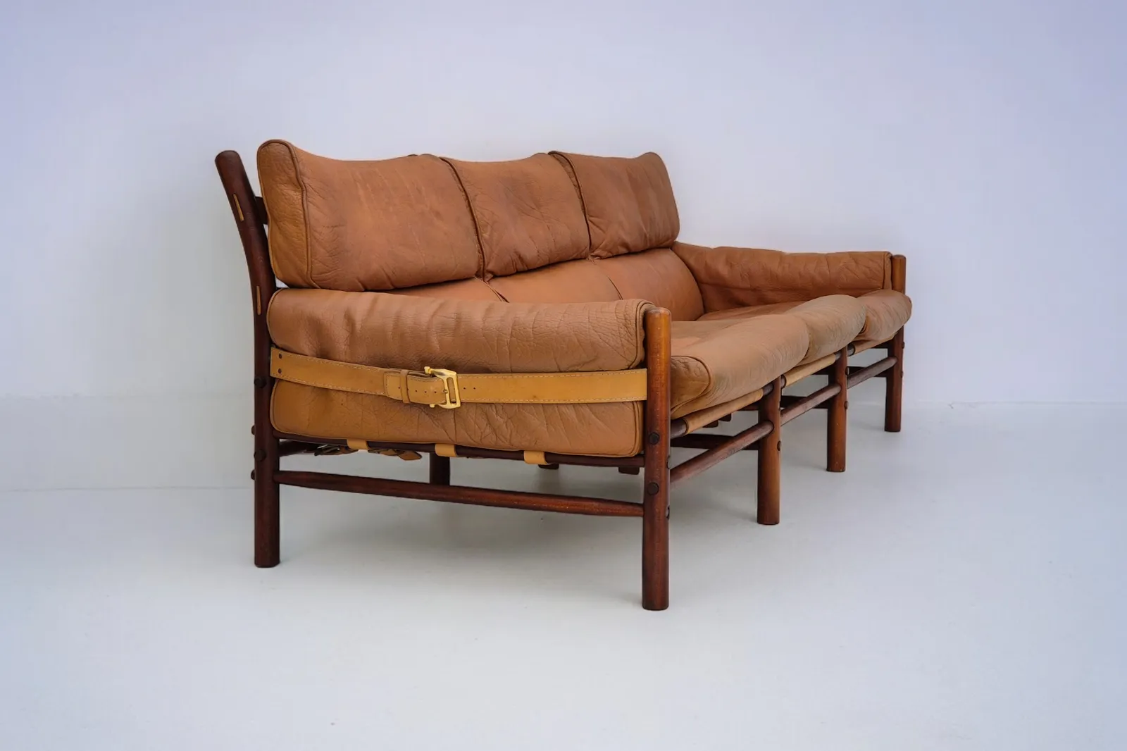 1960s, Scandinavian Design By Arne Norell, Sofa, Leather, Beech Wood, Model "Kontiki", Original Condition.