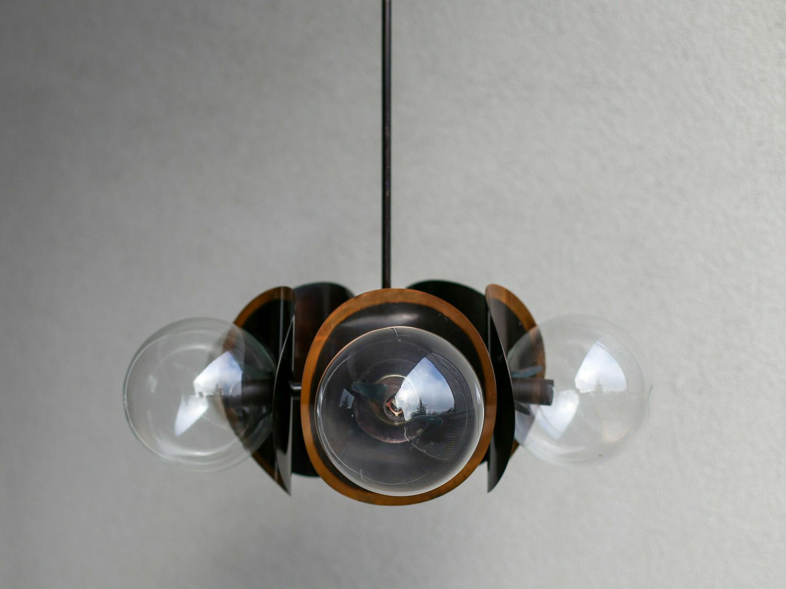 Mid Century Modern Copper Globe Hanging Light Fixture / Brutalist Smoked Glass Sputnik Chandelier / Vintage Pendant Light / Yugoslavia photo vintage