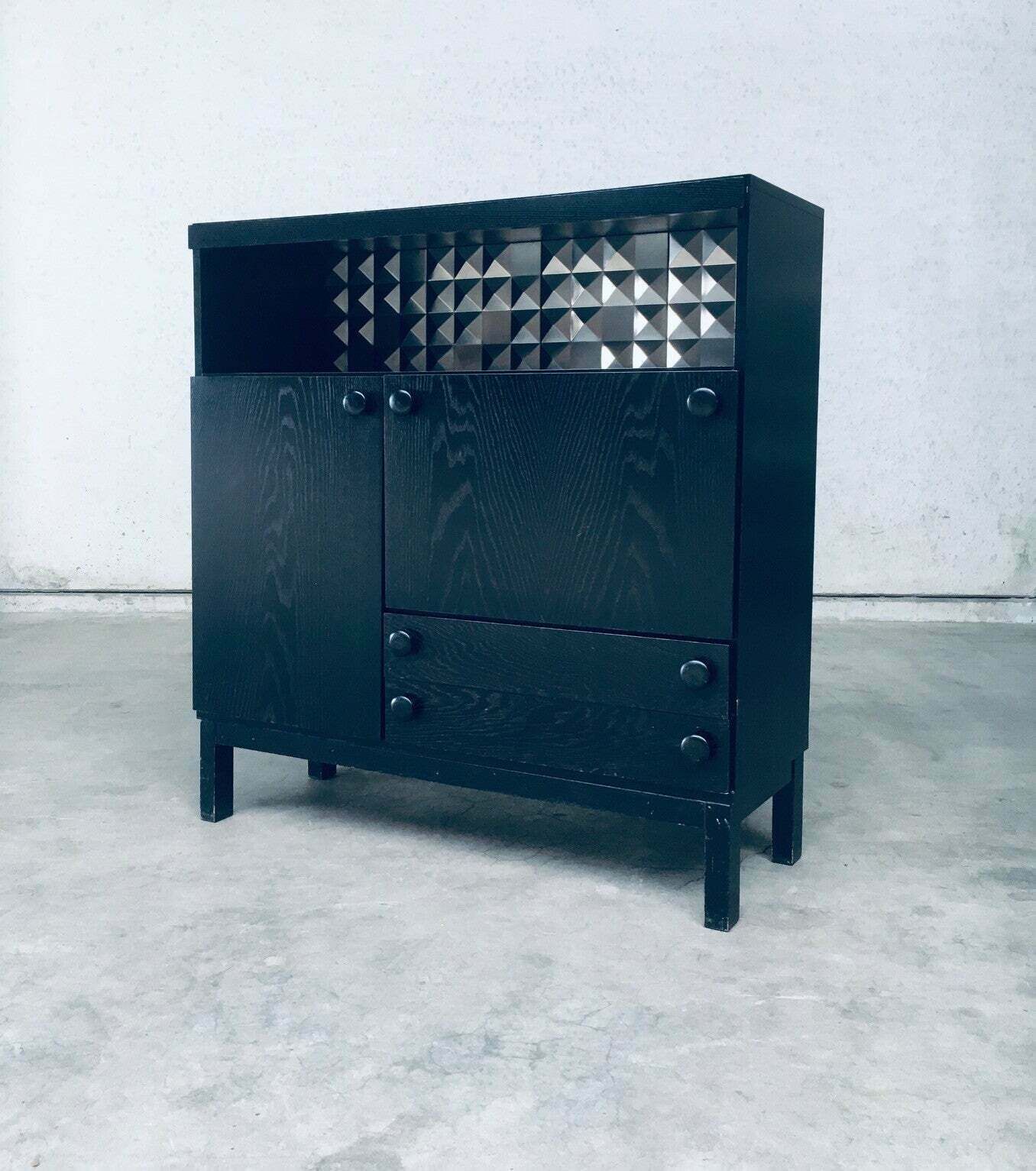Brutalist Design Black Ebonized Dry Bar Cabinet, Belgium 1970's