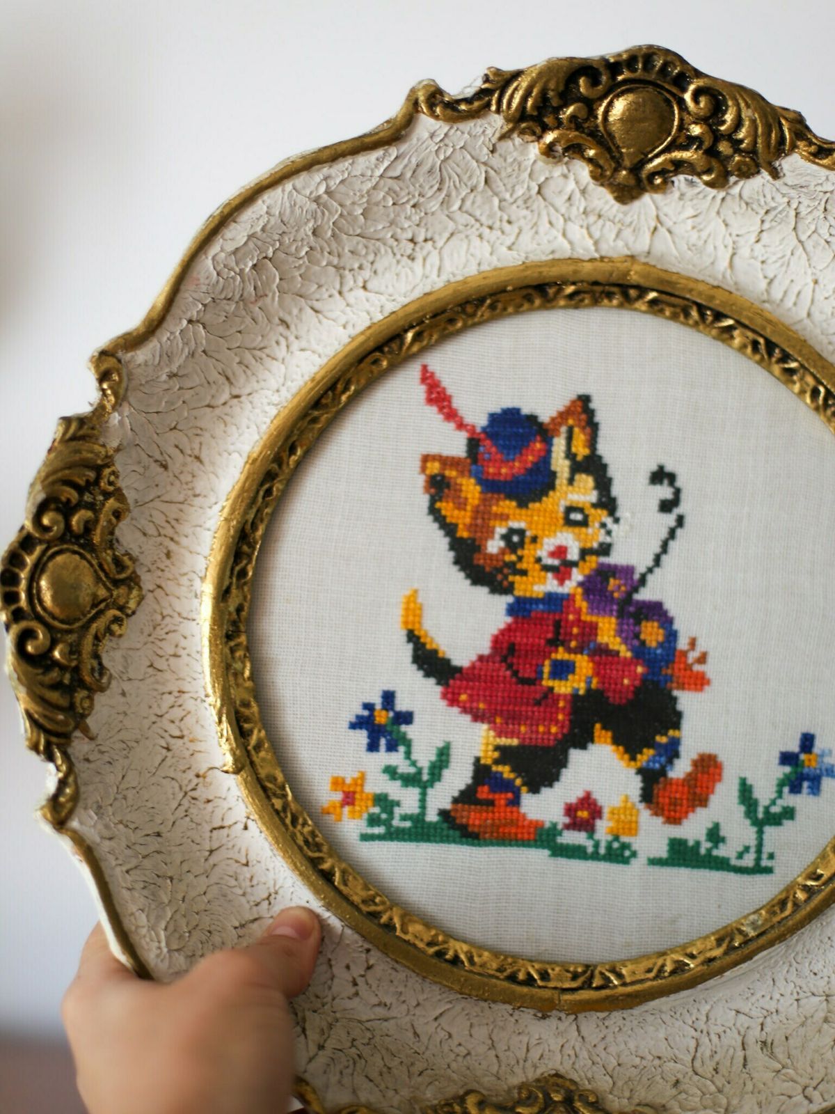 Vintage Framed Handmade Yugoslavia Gobelin Tapestry / Antique Cat Gobelin Tapestry / Round Needlepoint Cross Stitch Embroidery / Kids Room photo furniture