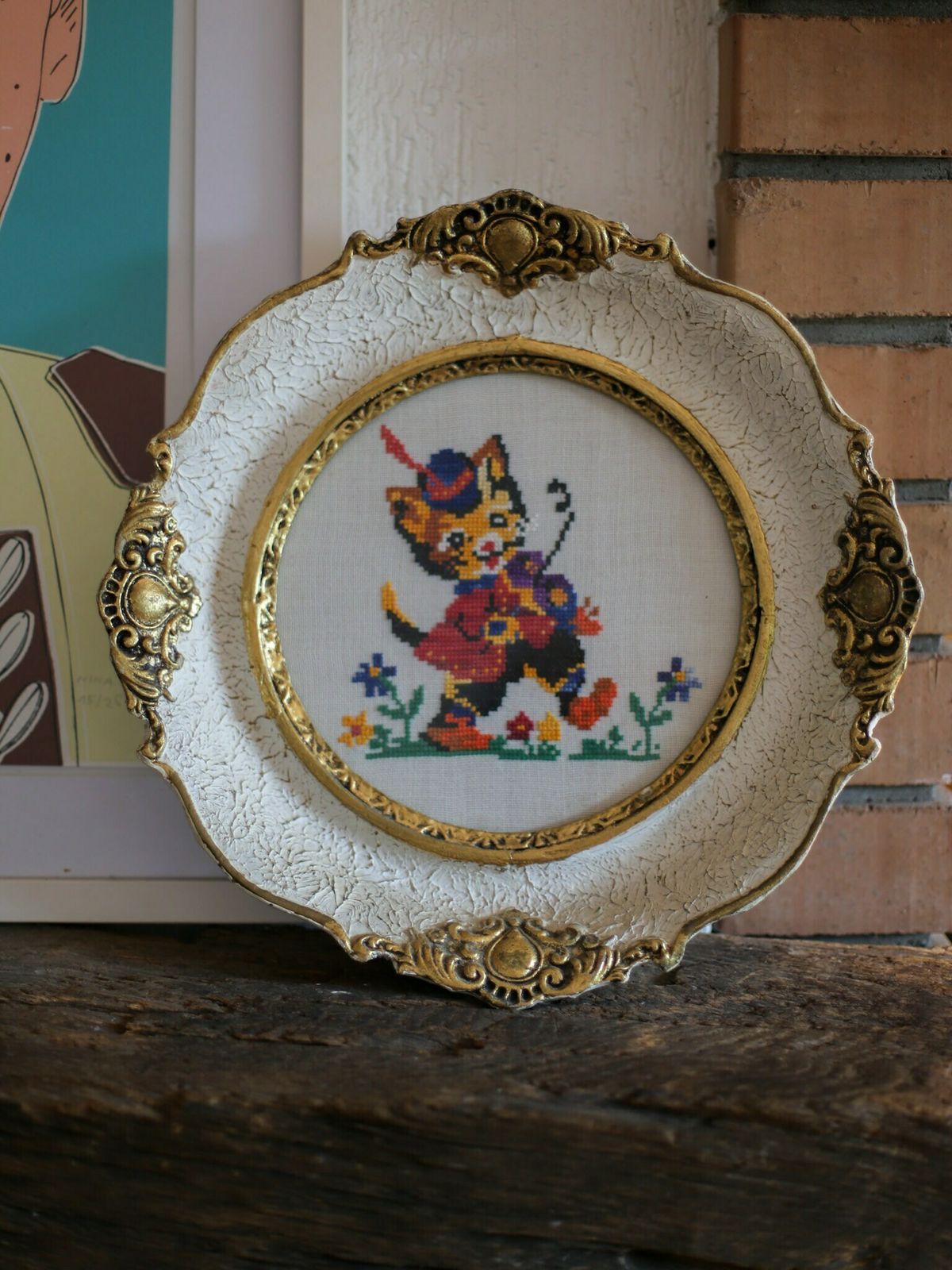photo for sale Vintage Framed Handmade Yugoslavia Gobelin Tapestry / Antique Cat Gobelin Tapestry / Round Needlepoint Cross Stitch Embroidery / Kids Room