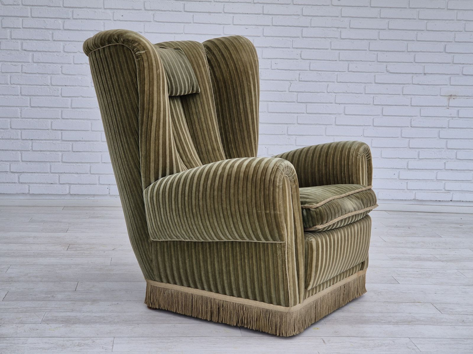1960s, Danish Highback Relax Armchair, Original Condition, Green Furniture Velour. photo for sale