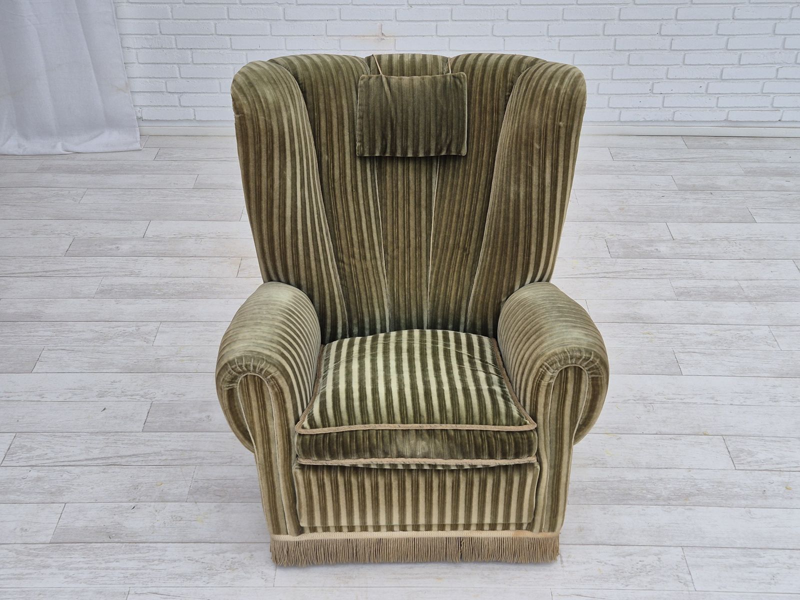 1960s, Danish Highback Relax Armchair, Original Condition, Green Furniture Velour. photo Furniture