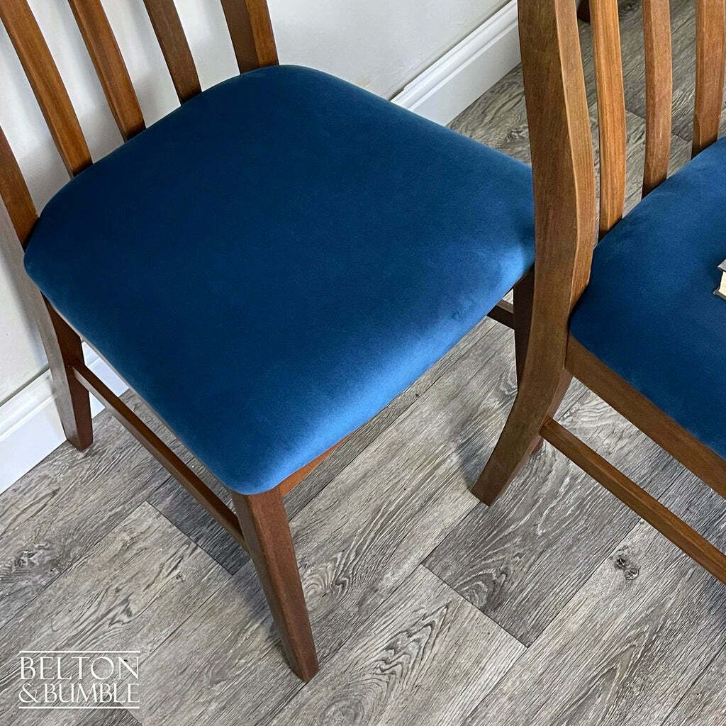 Set Of Four Teak Dining Chairs With Navy Velvet photo buy