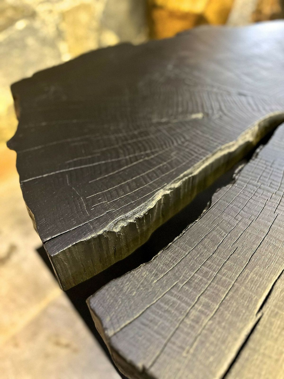 Contemporary Charred Oak Wood Dining Table With Black Steel Base, At 2024 photo for sale