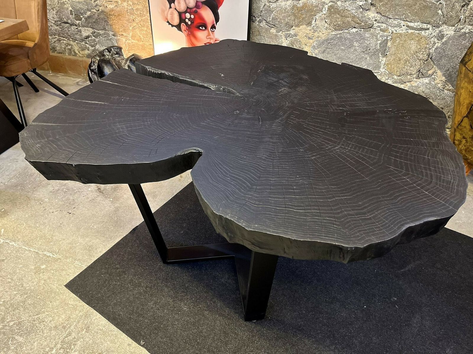 Contemporary Charred Oak Wood Dining Table With Black Steel Base, At 2024 photo vintage