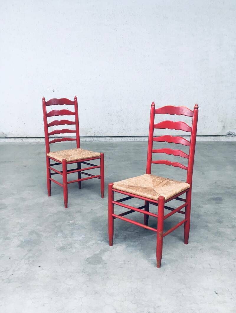 1930's Rustic Red High Ladder Back Wood & Rush Chair Set photo for sale