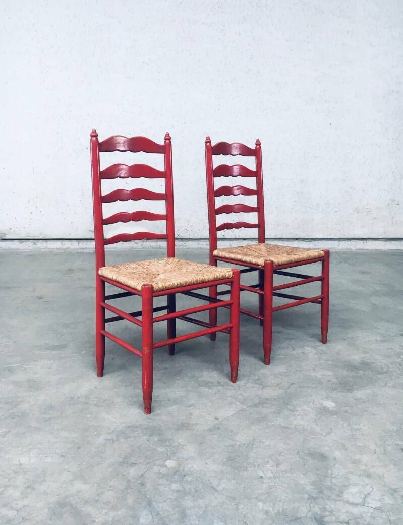 1930's Rustic Red High Ladder Back Wood & Rush Chair Set photo Furniture