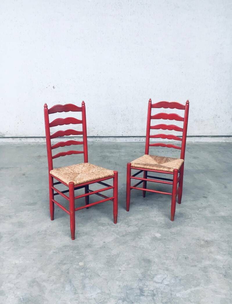 1930's Rustic Red High Ladder Back Wood & Rush Chair Set photo buy