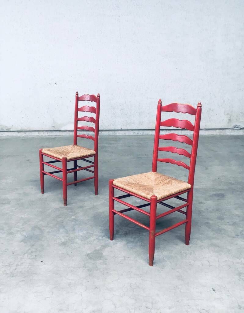 1930's Rustic Red High Ladder Back Wood & Rush Chair Set photo vintage