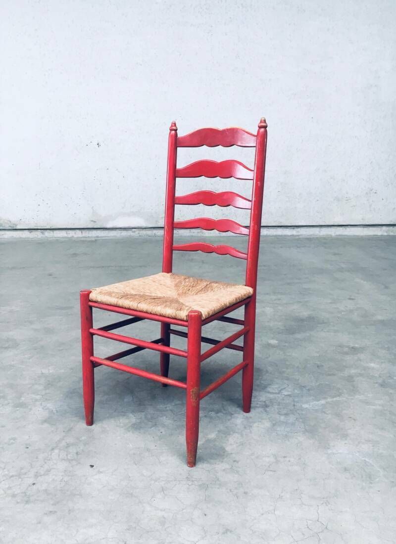 photo furniture 1930's Rustic Red High Ladder Back Wood & Rush Chair Set