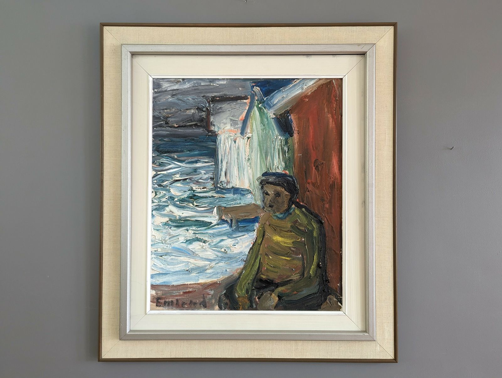 Oil Painting Watching The Waves, Mid 20th Century
