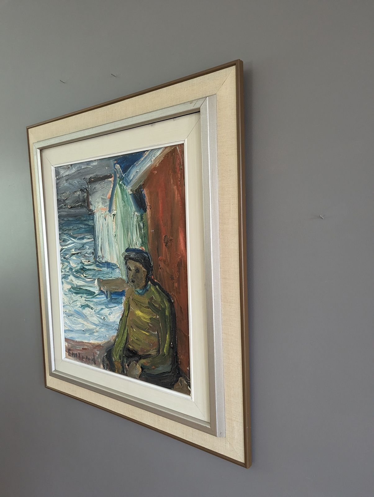 Oil Painting Watching The Waves, Mid 20th Century photo Art