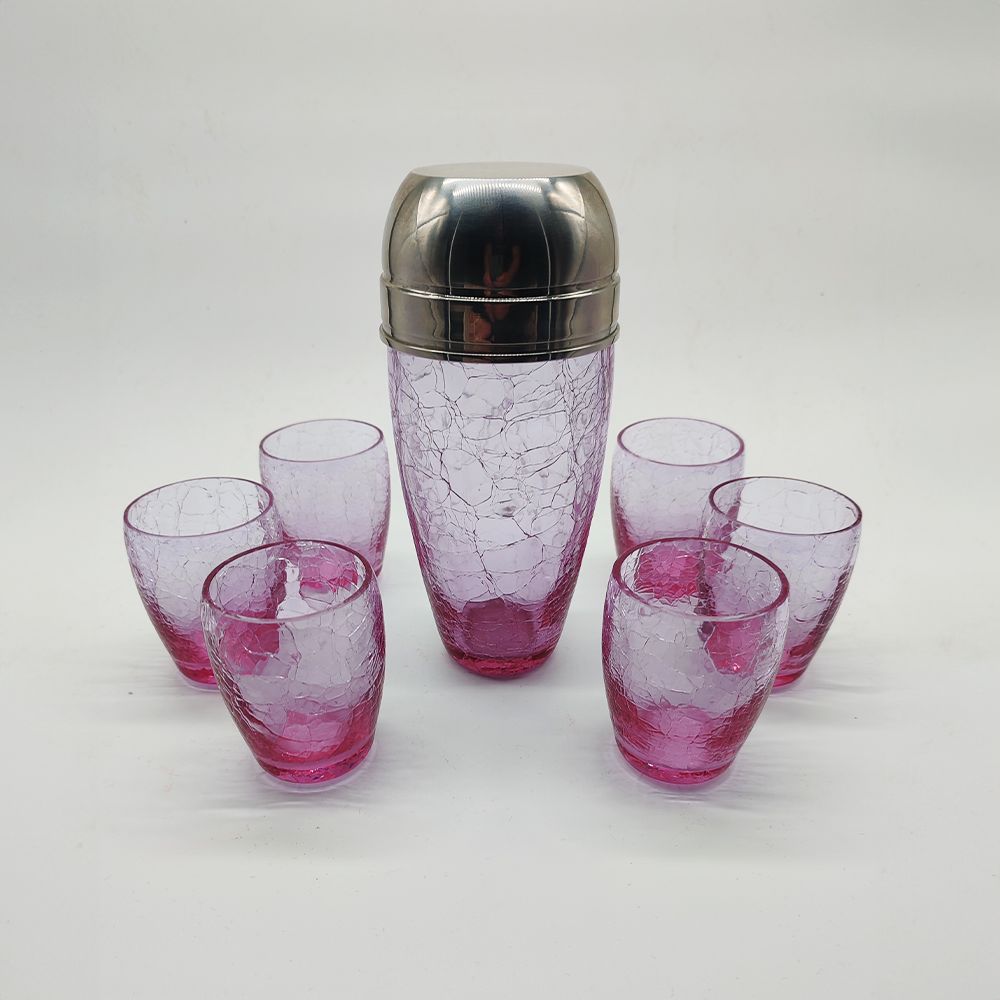 Stunning Set With Conctail Shaker And 6 Glasses In Pink Cracle Glass   1960s
