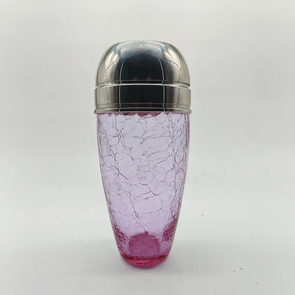 Stunning Set With Conctail Shaker And 6 Glasses In Pink Cracle Glass   1960s photo 430.0