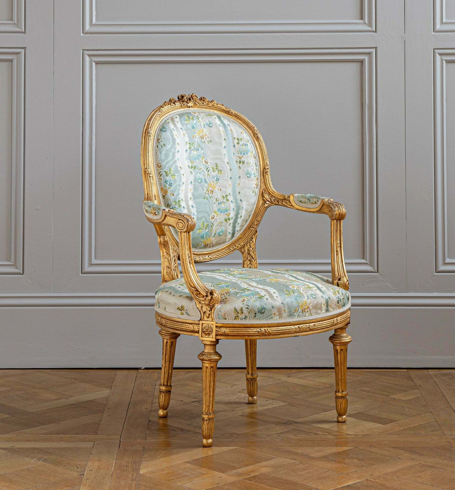 French Louis XVI Style Giltwood Armchair & Foot Stool, Circa Late 1800's photo Furniture