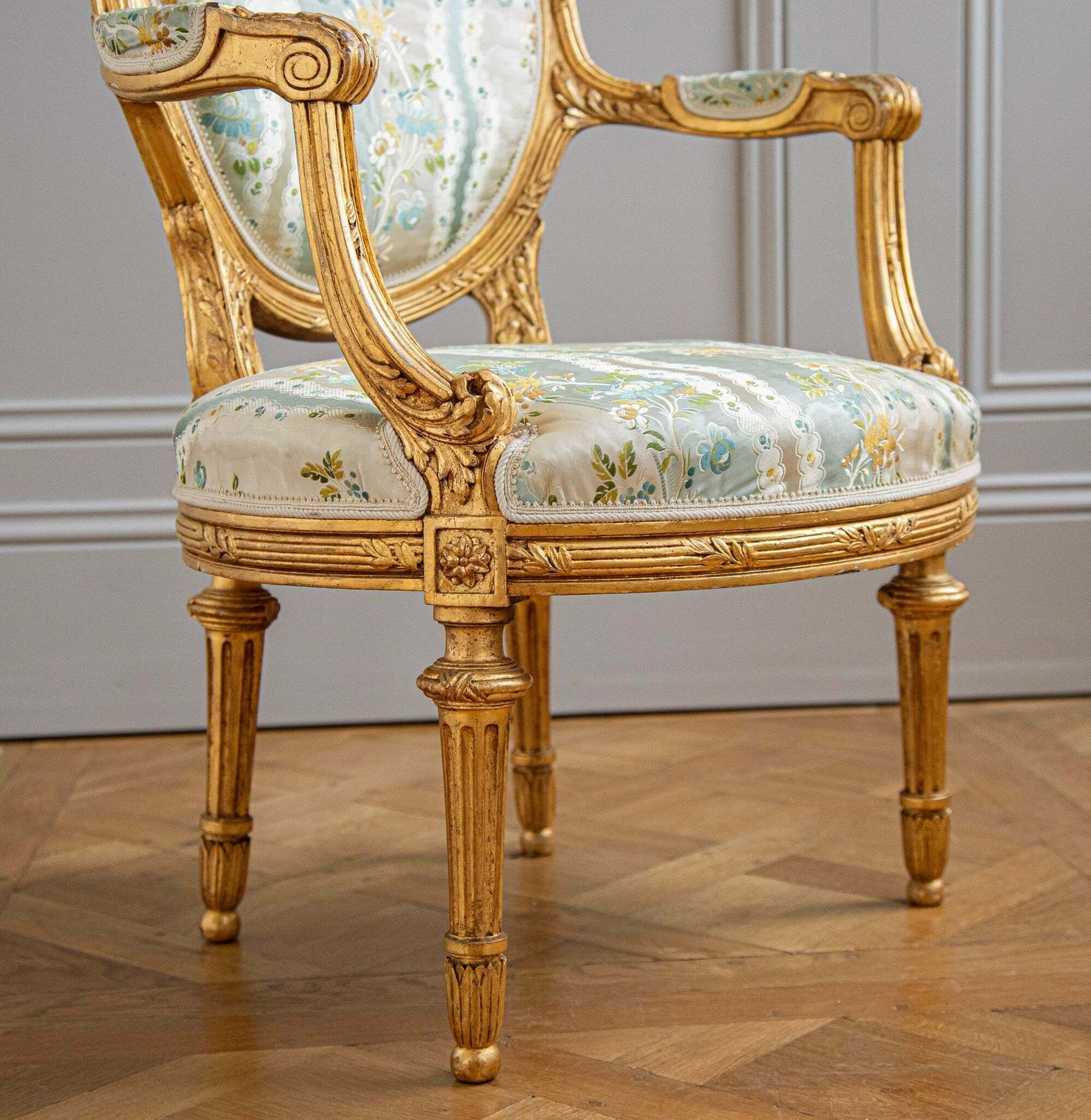 French Louis XVI Style Giltwood Armchair & Foot Stool, Circa Late 1800's photo vintage