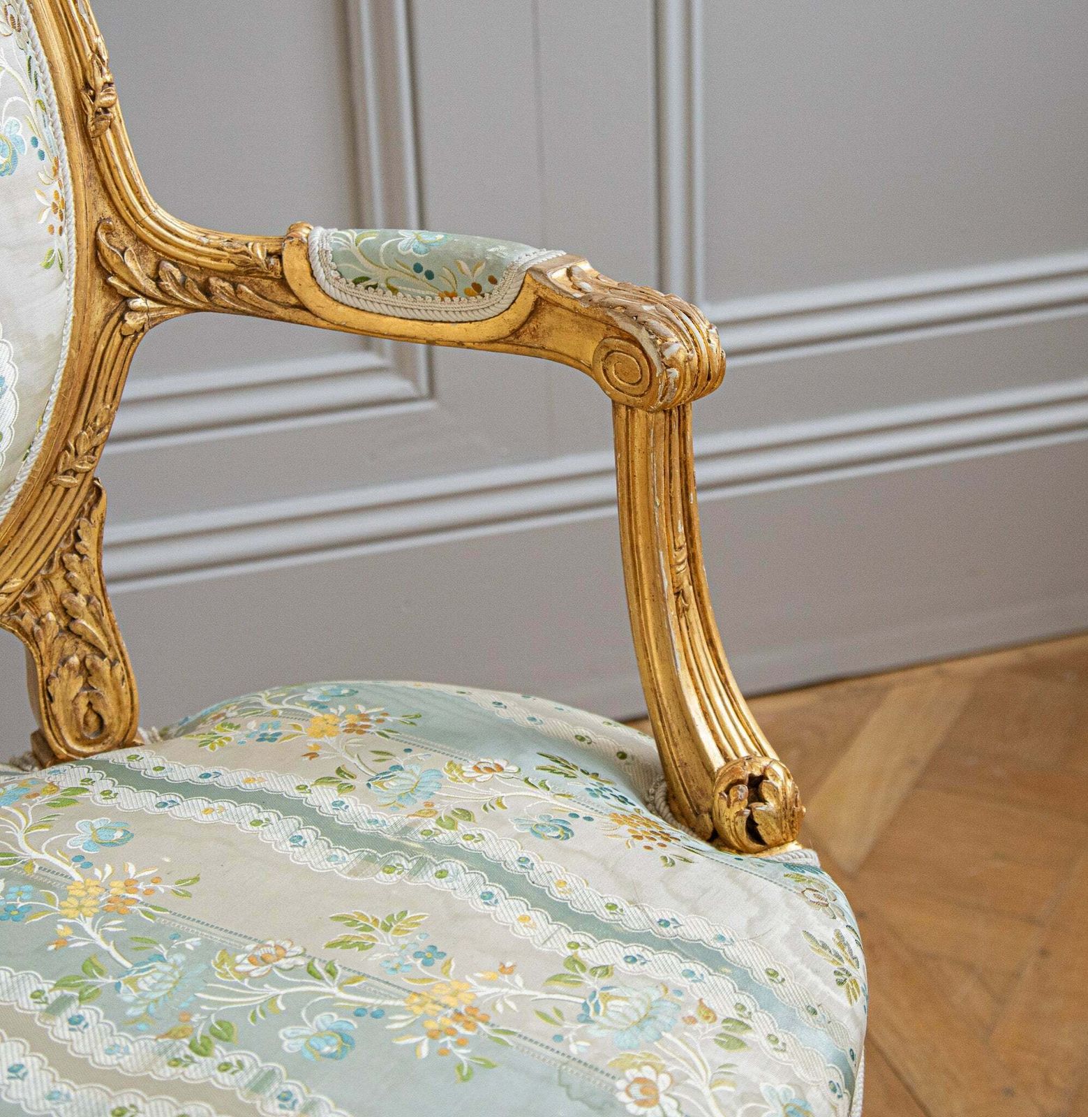 photo furniture French Louis XVI Style Giltwood Armchair & Foot Stool, Circa Late 1800's