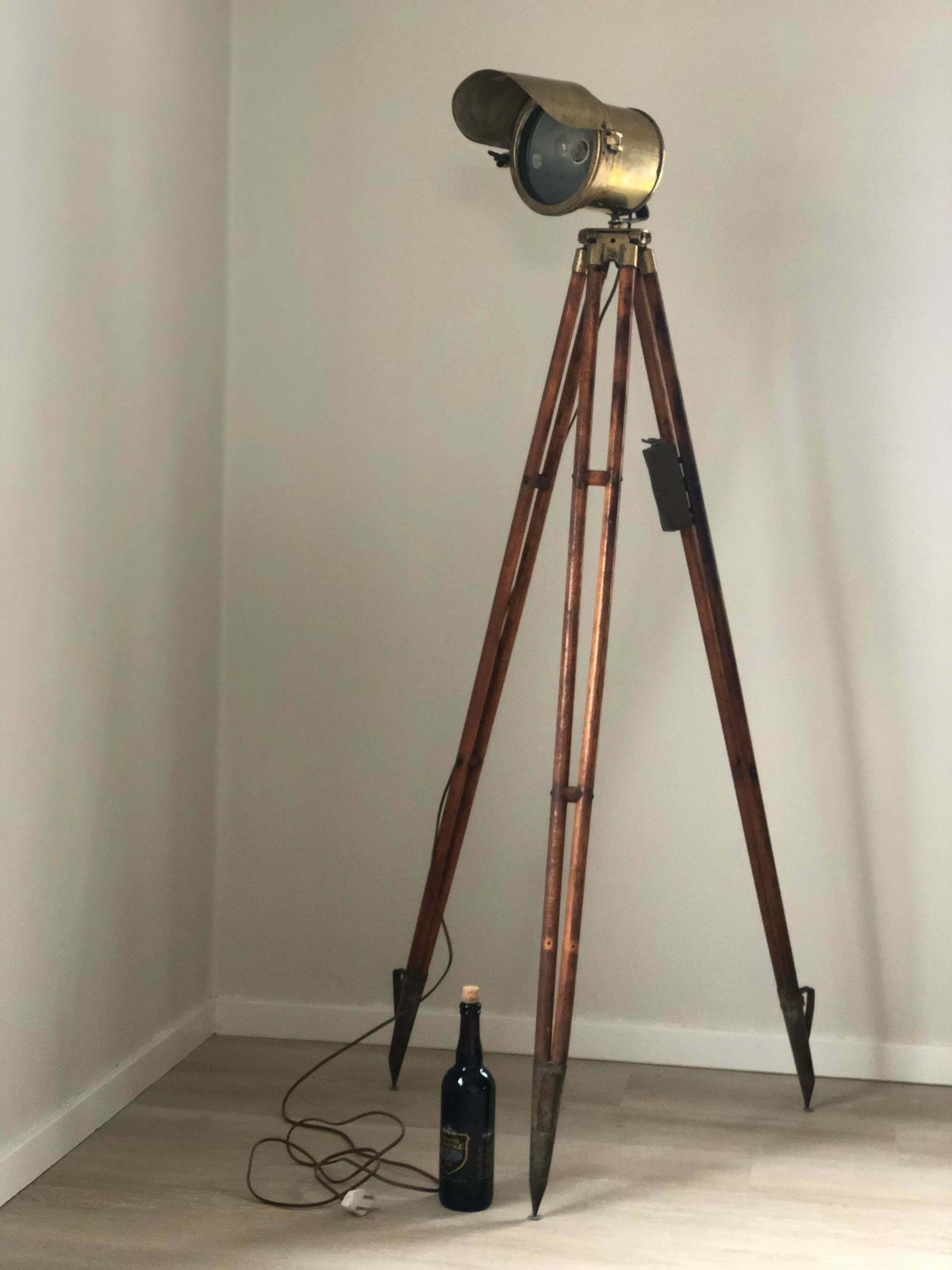 Antique Industrial Brass Floor Lamp On Tripod Surveyor Base 1920s photo vinterior