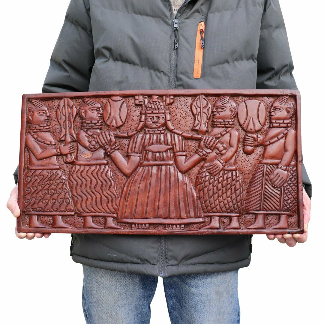 Large Solid Carved Teak Wood African Panel Depicting African Queen And Subdits, African Tribal Wall Art, Mid Century African Panel