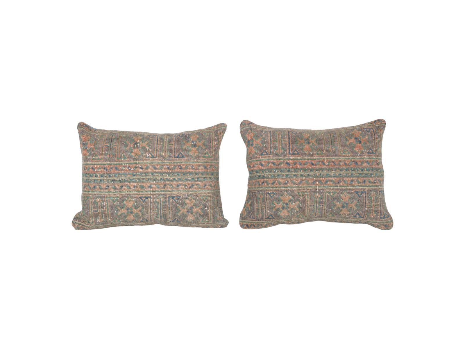 Tribal Wool Handmade Pair Lumbar Pillow Covers, Set Of Two Carpet Oblong Cover, Matching Tan And Brown Ethnic Cover