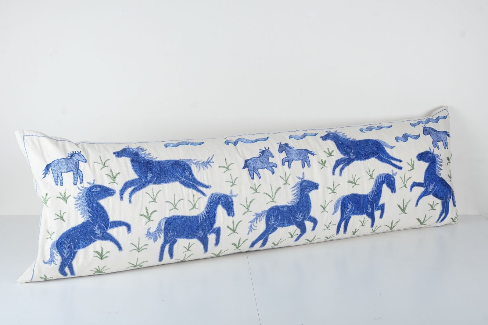 Uzbek Extra Long Suzani  Cover With Animal Motif, Blue Horse Pictorial Suzani Pillow Case Made From Cotton Fabric photo furniture