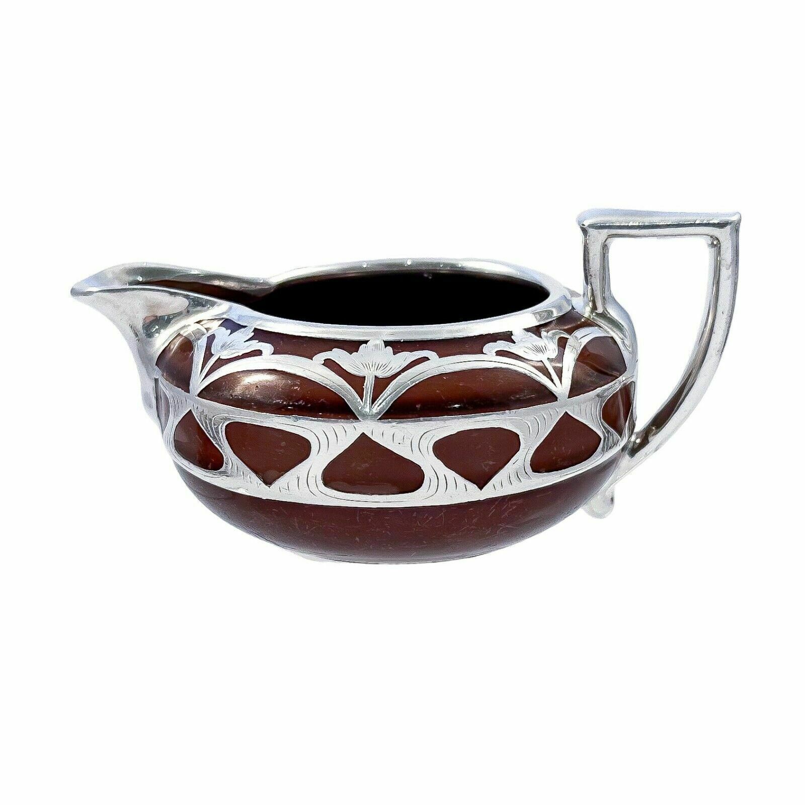 Home Decor Antique Art Nouveau Lenox Brown Teapot, Stand, Creamer; Sterling Silver Overlay photo