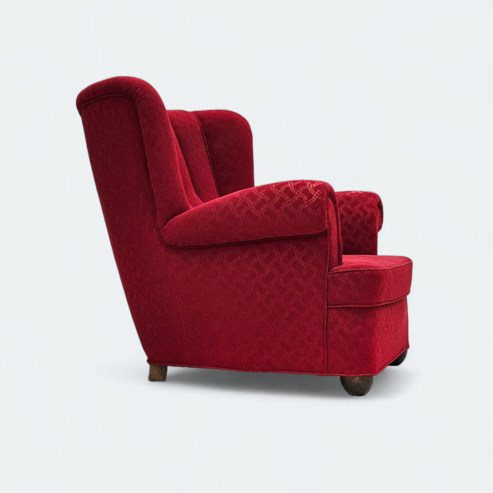 Jaren 1960, Deense Relaxfauteuil, Goede Staat, Rood Katoen/Wol, Eikenhout.