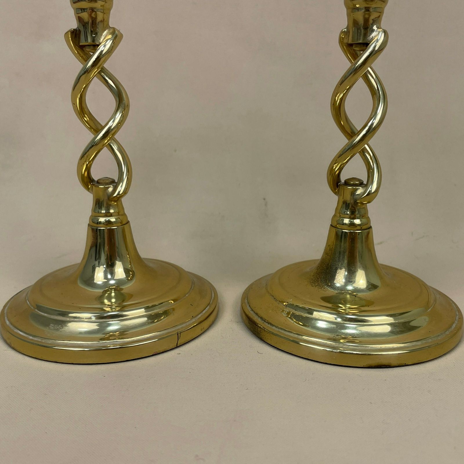 Antique Matching Pair Of Gold Brass Metal Candlestick Candle Stick Vintage Column Taper Dinner Candlesticks Twisted Twist Round Base photo for sale