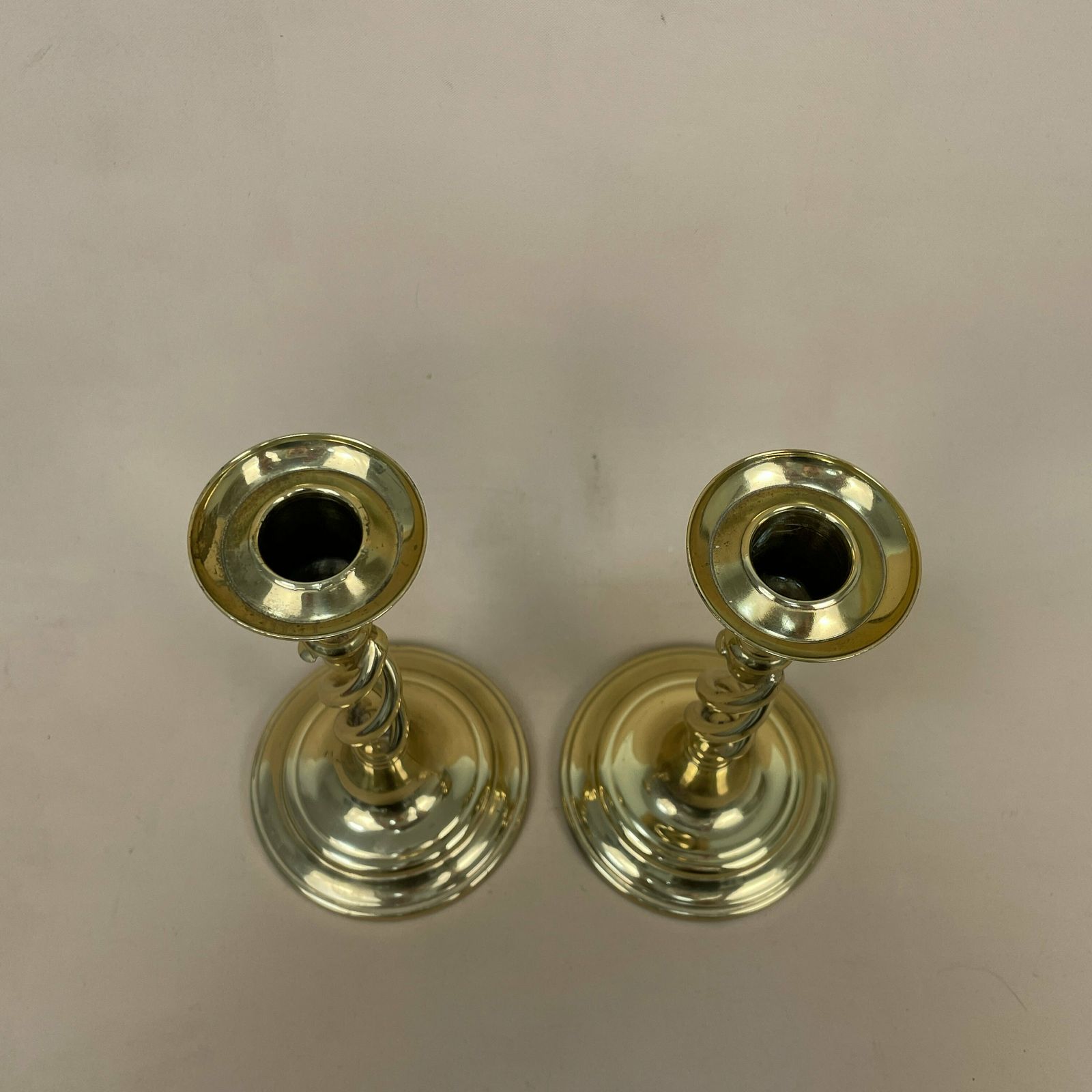 Antique Matching Pair Of Gold Brass Metal Candlestick Candle Stick Vintage Column Taper Dinner Candlesticks Twisted Twist Round Base photo buy