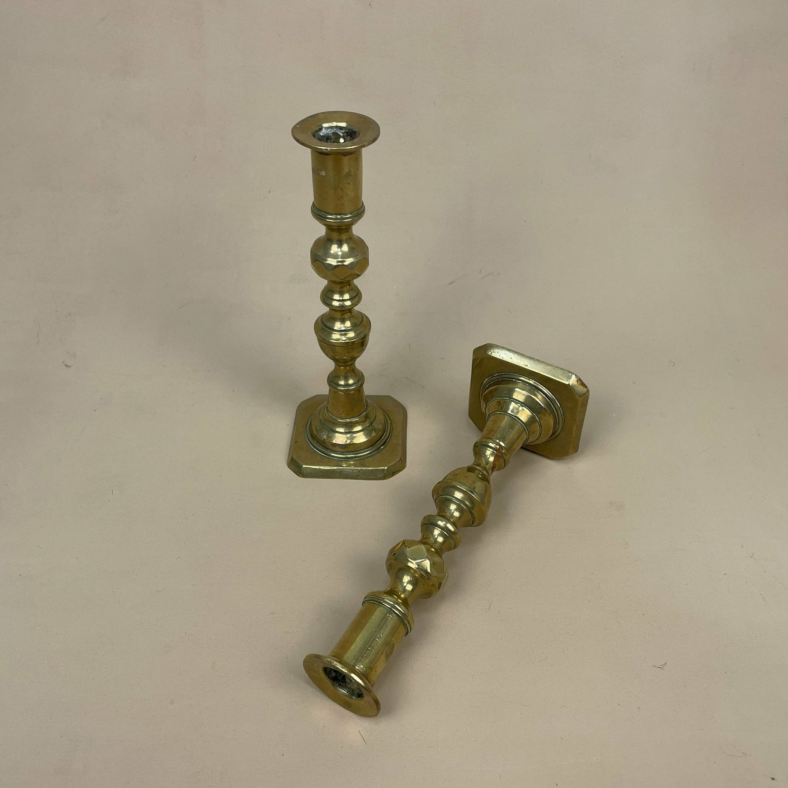 Antique Matching Pair Of Gold Brass Metal Candlestick Candle Stick Vintage Column Taper Dinner Candlesticks Square Base Column photo furniture