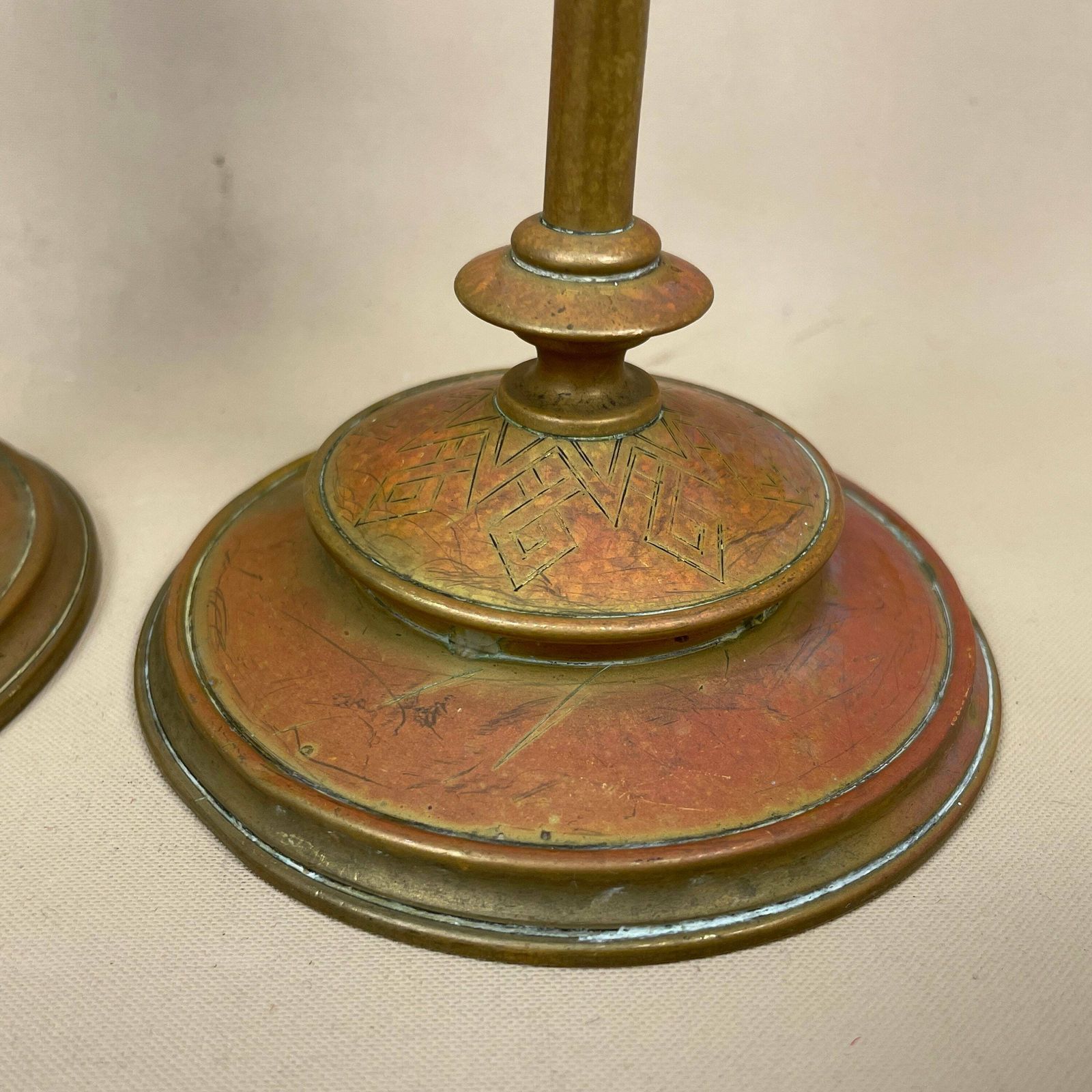 Antique Matching Pair Of Gold Brass Metal Candlestick Candle Stick Vintage Column Taper Dinner Candlesticks Square Base Column photo buy