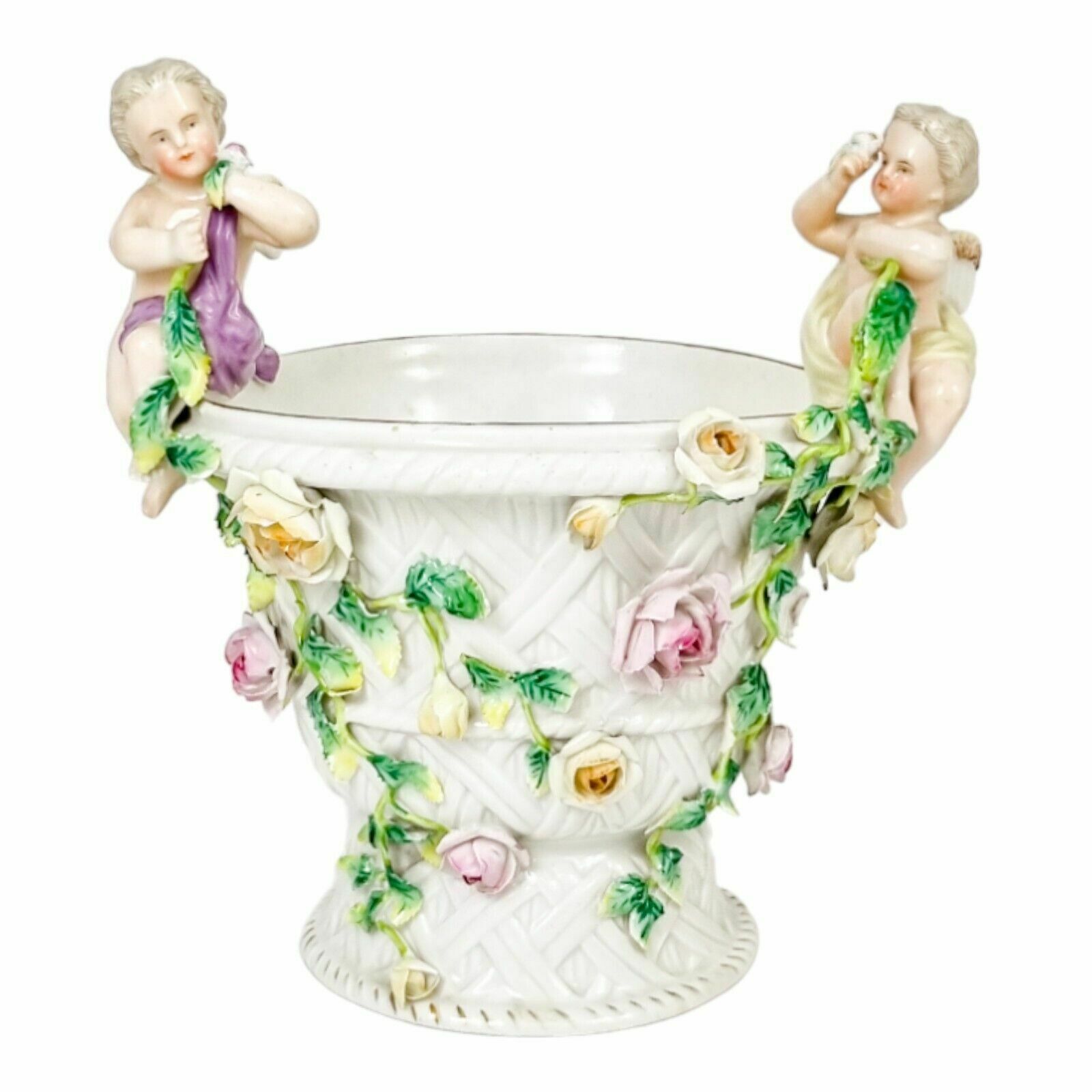 19th Century German Porcelain Basket Weave Vase With Rose Garlands And Cherubs