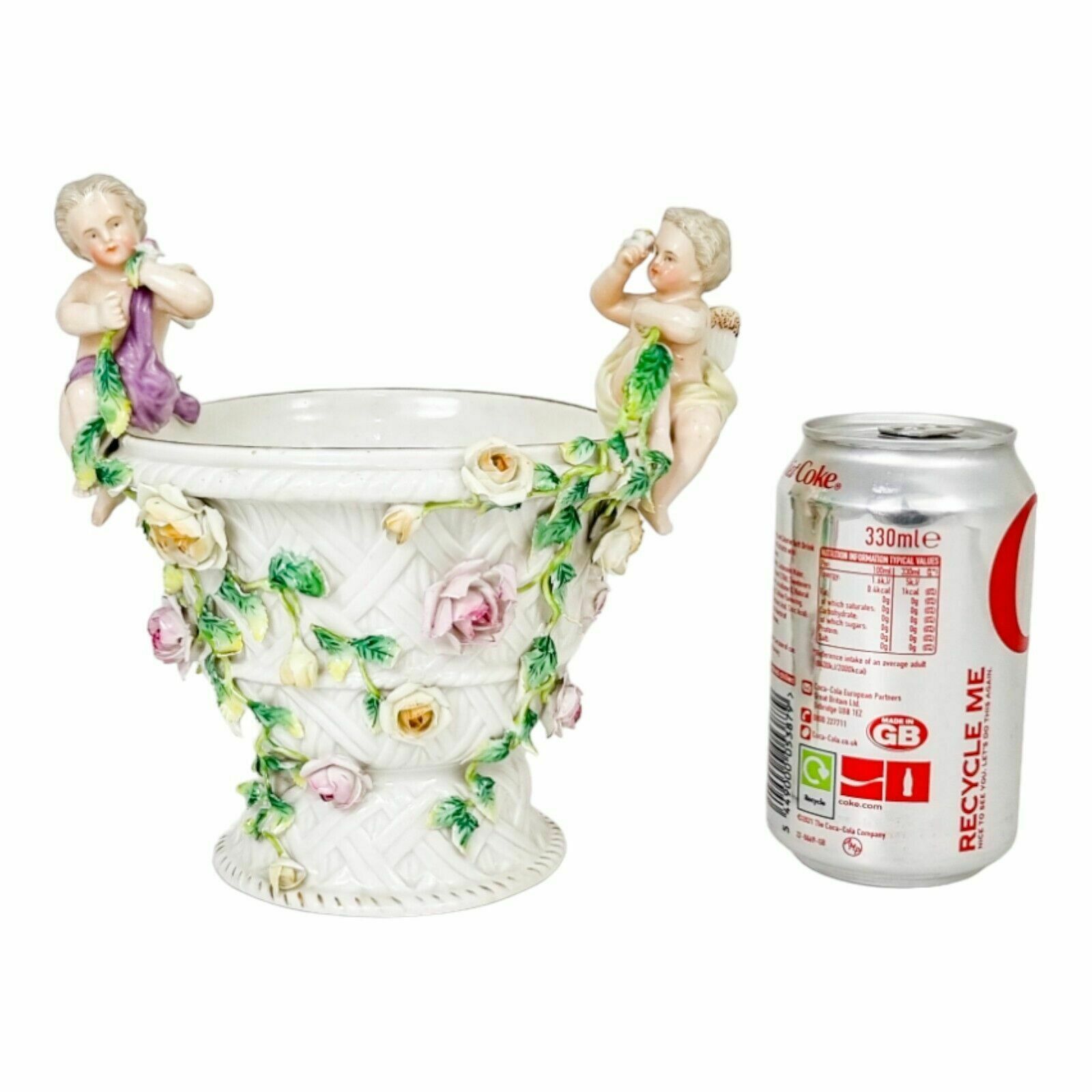 19th Century German Porcelain Basket Weave Vase With Rose Garlands And Cherubs photo vintage