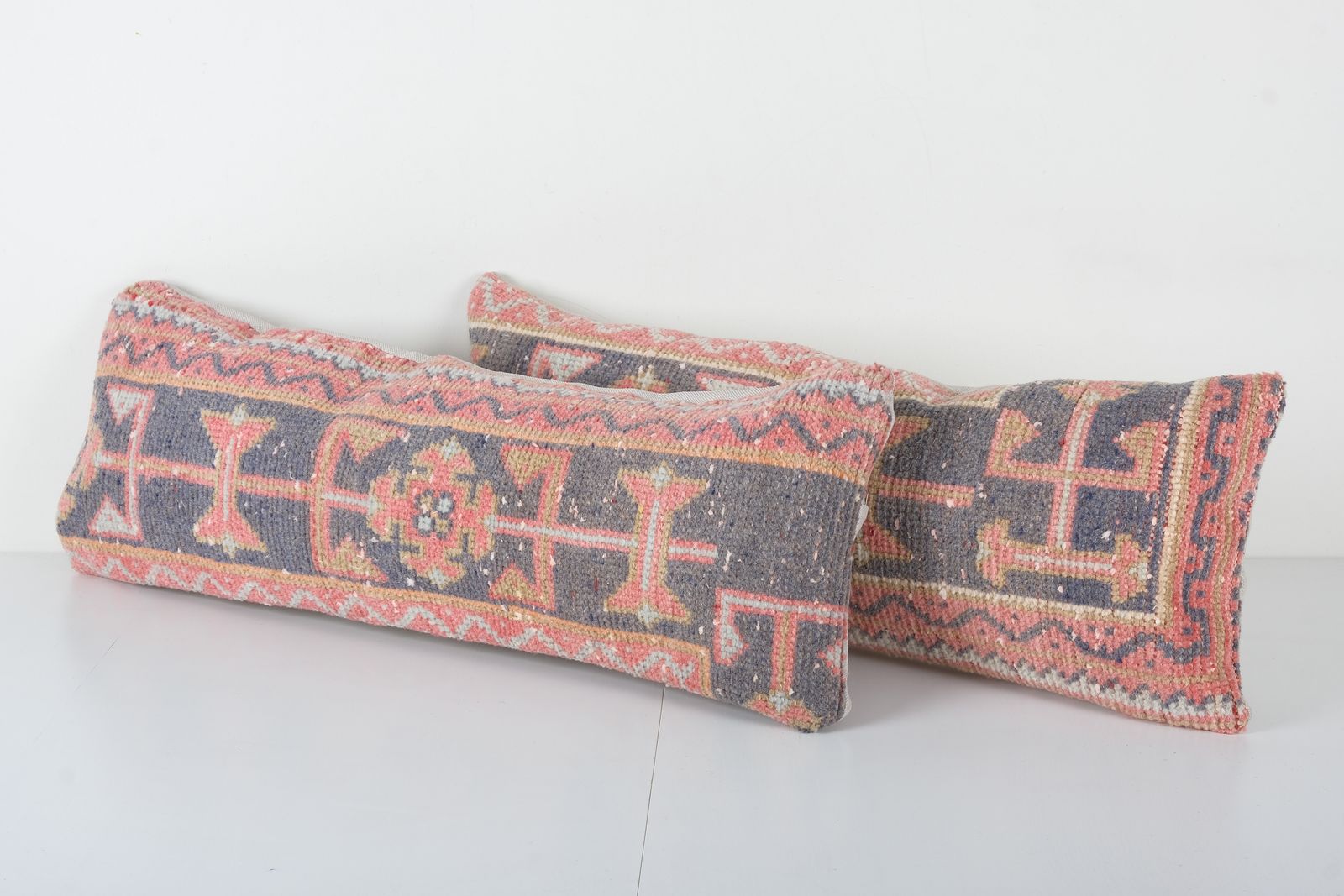 Anatolian Bedding Rug Pillow, Set Of Two Lumbar Pillow Cover, Pair Ethnic Vintage Handmade Lumbar Cover photo for sale