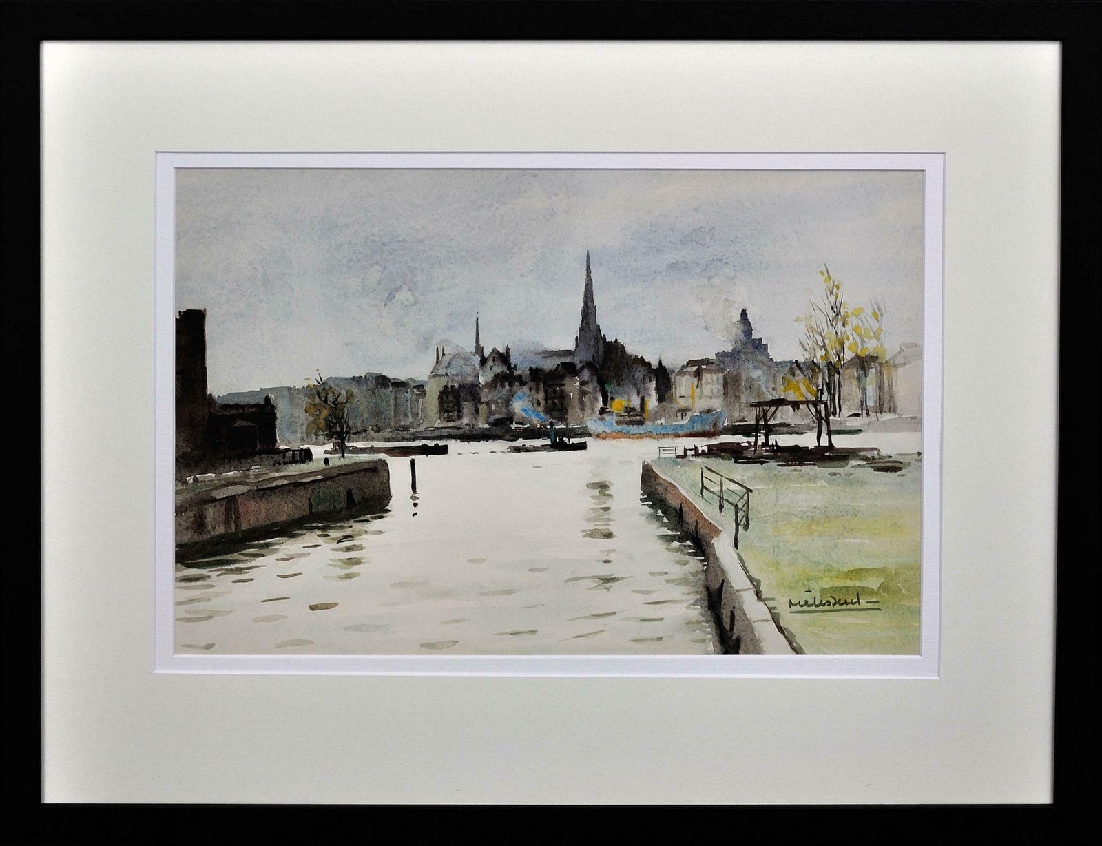 Maurice Melissent 1911 To 1988. French Artist. The Maritime District, Rotterdam. The Netherlands. Holland. Framed 1950s Watercolour Painting.
