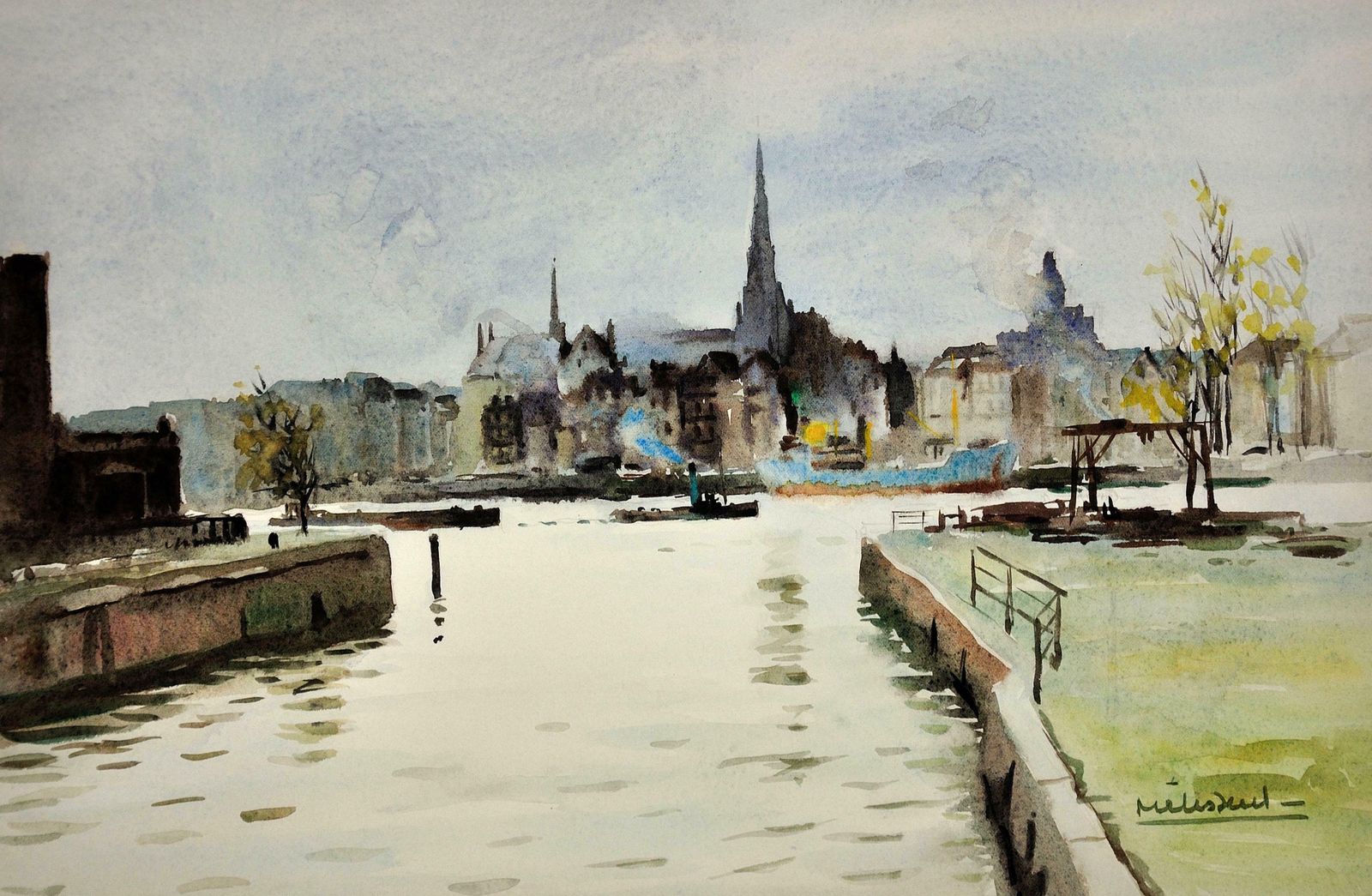 Maurice Melissent 1911 To 1988. French Artist. The Maritime District, Rotterdam. The Netherlands. Holland. Framed 1950s Watercolour Painting. photo furniture