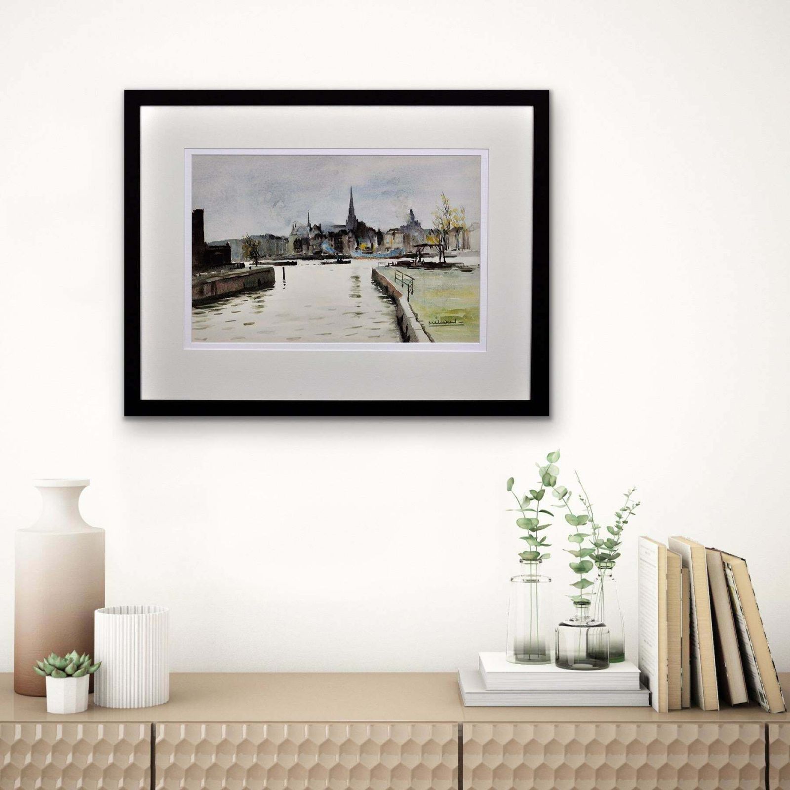 photo for sale Maurice Melissent 1911 To 1988. French Artist. The Maritime District, Rotterdam. The Netherlands. Holland. Framed 1950s Watercolour Painting.