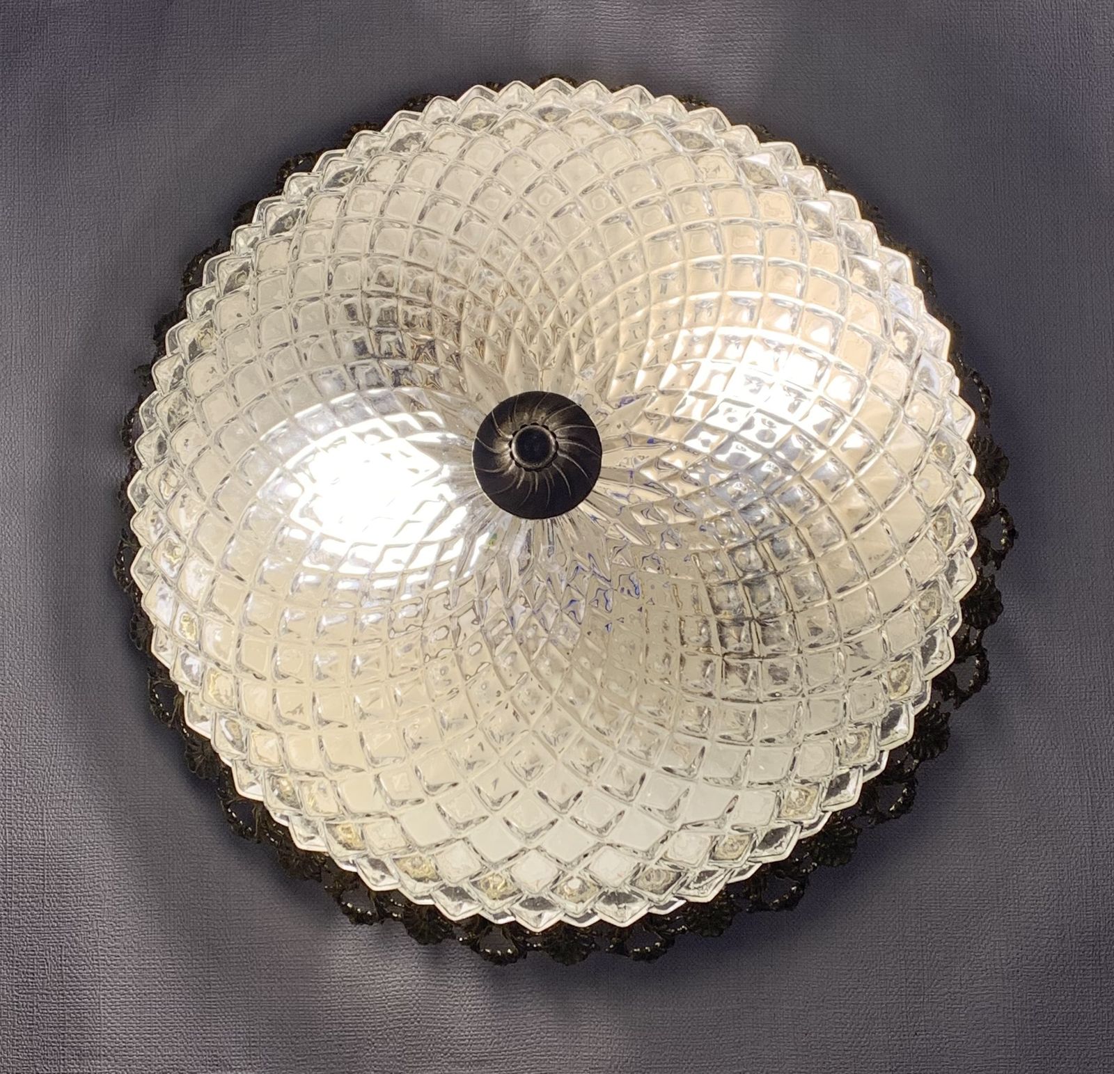 Pair Of 1980s Vintage High Quality Brass And Moulded Glass Ceiling Chandelier Lights photo for sale