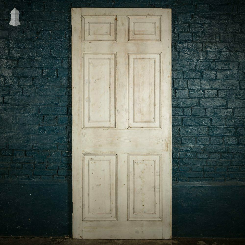 Pine Paneled Door, 6 Moulded Panel White Painted 20th C Missing Moulding