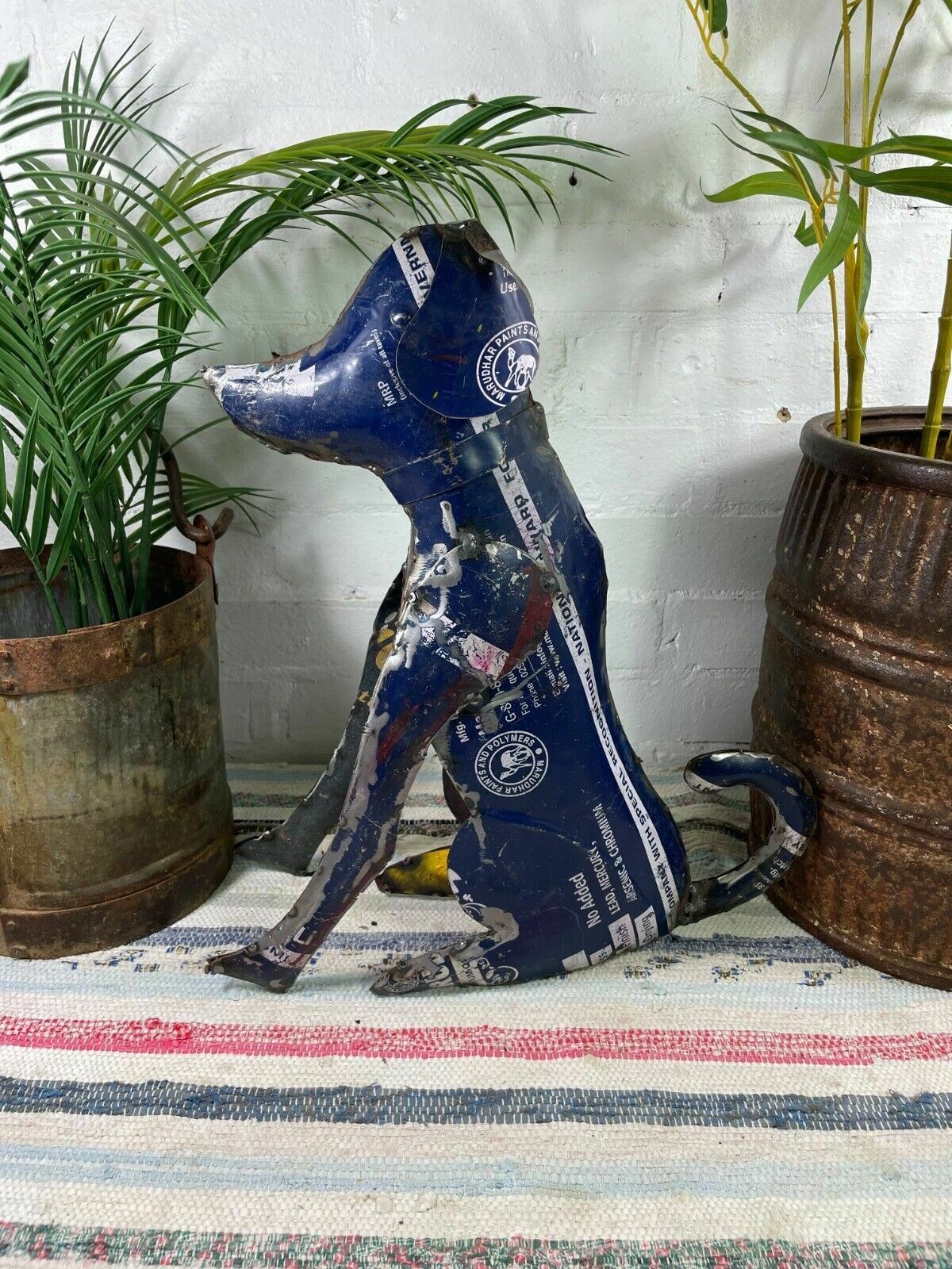 Hand Made Reclaimed Recycled Metal Oil Drum Paint Tin Dog Sculpture Garden photo furniture