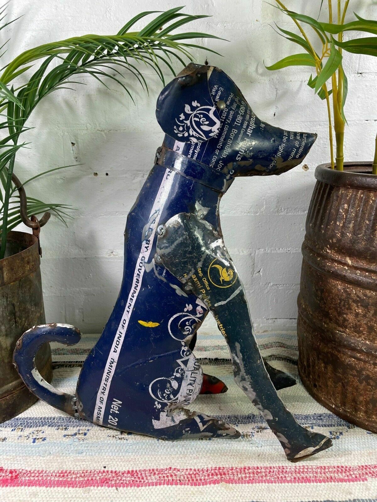 Hand Made Reclaimed Recycled Metal Oil Drum Paint Tin Dog Sculpture Garden photo 58.0