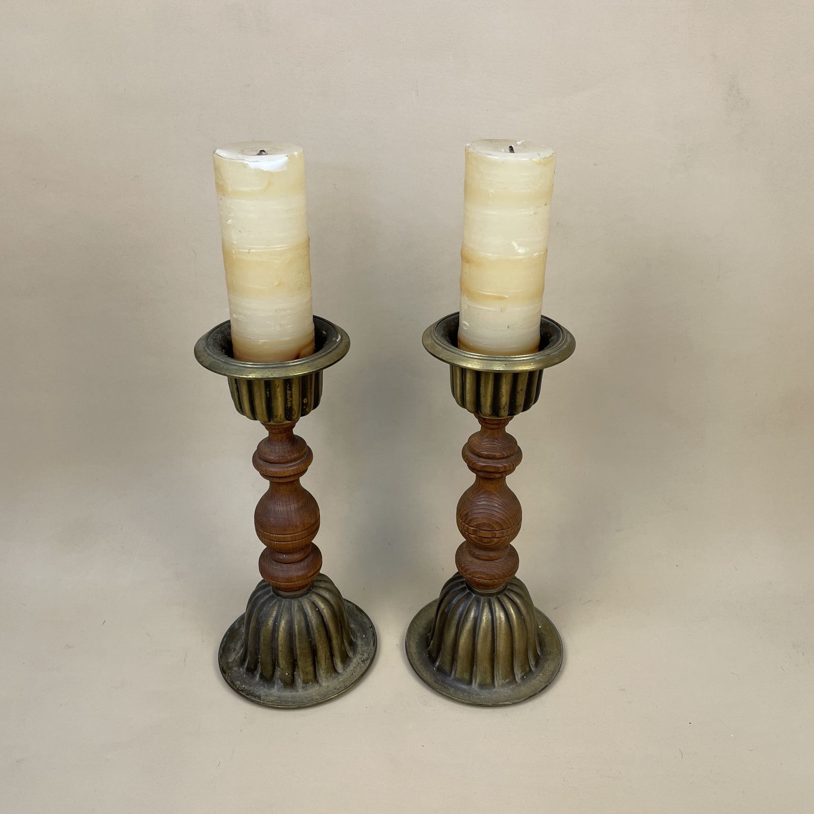 Antique Matching Pair Of Gold Brass Metal Wood Wooden Candlestick Candle Stick Vintage Column Taper Dinner Candlesticks Square Base Set