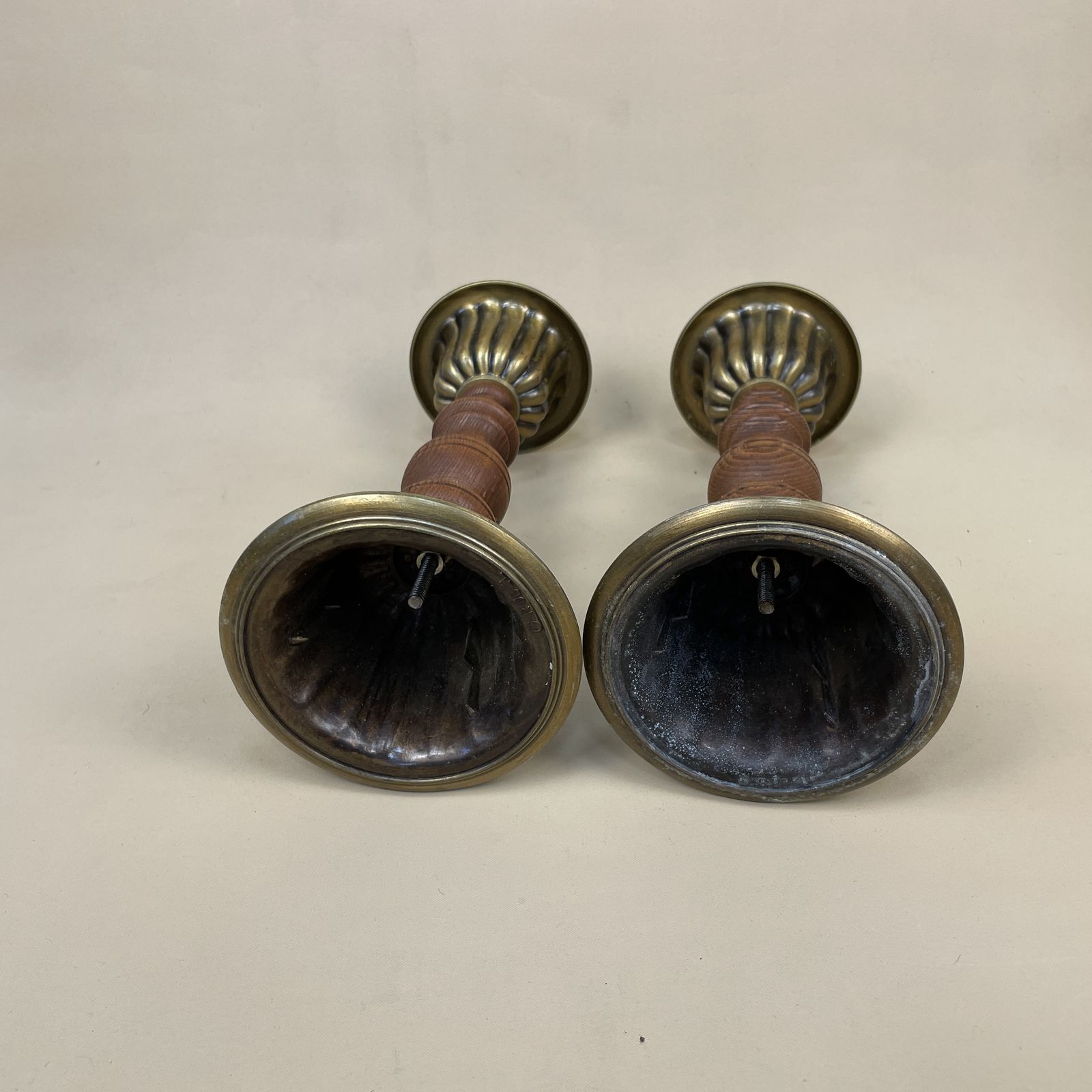 Antique Matching Pair Of Gold Brass Metal Wood Wooden Candlestick Candle Stick Vintage Column Taper Dinner Candlesticks Square Base Set photo vintage